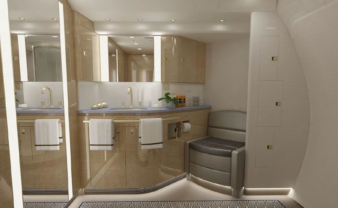 Luxurious bathroom on the 2008 Boeing BBJ3 on Freestream