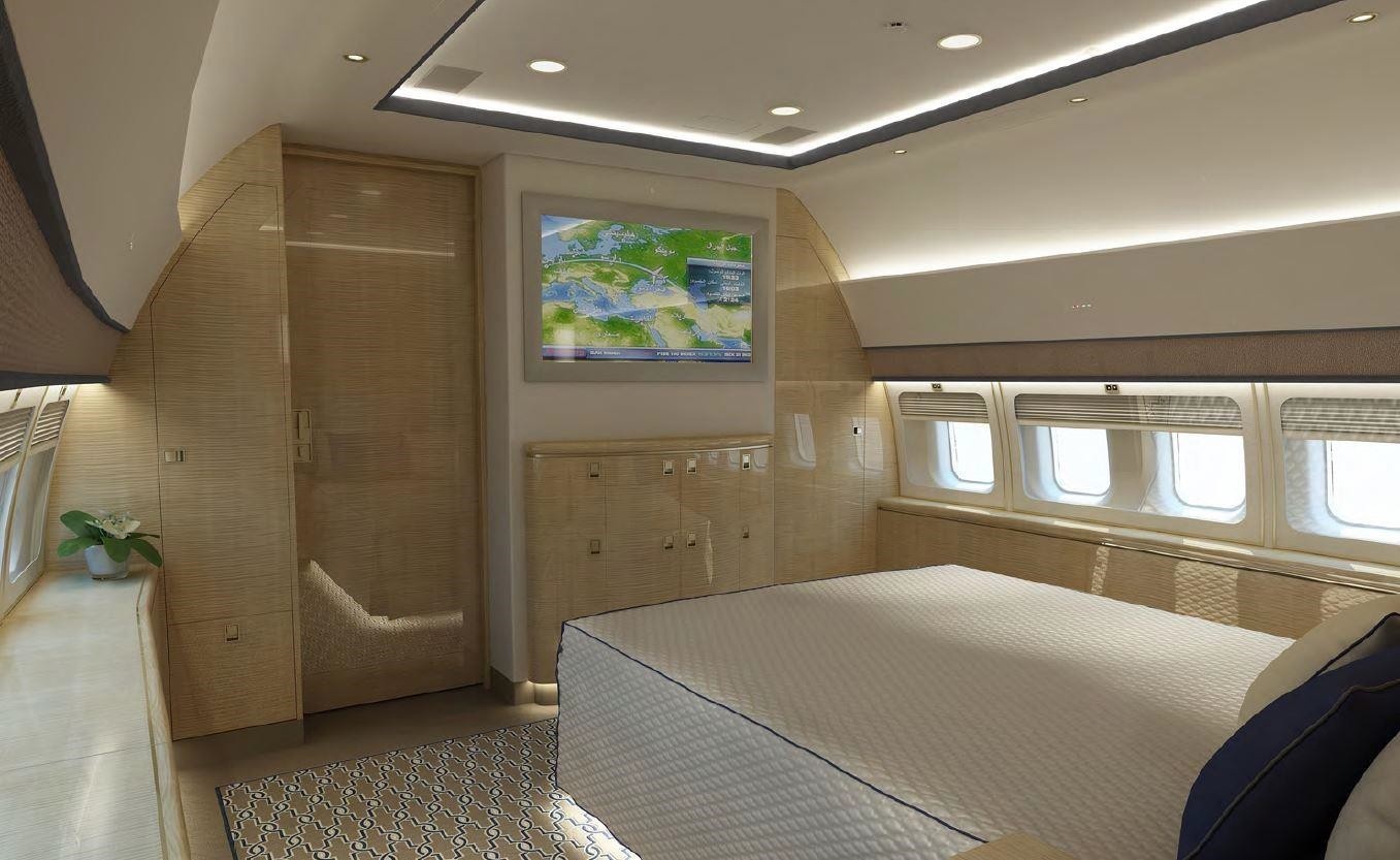 Bedroom in the 2008 Boeing BBJ3 jet available on Freestream